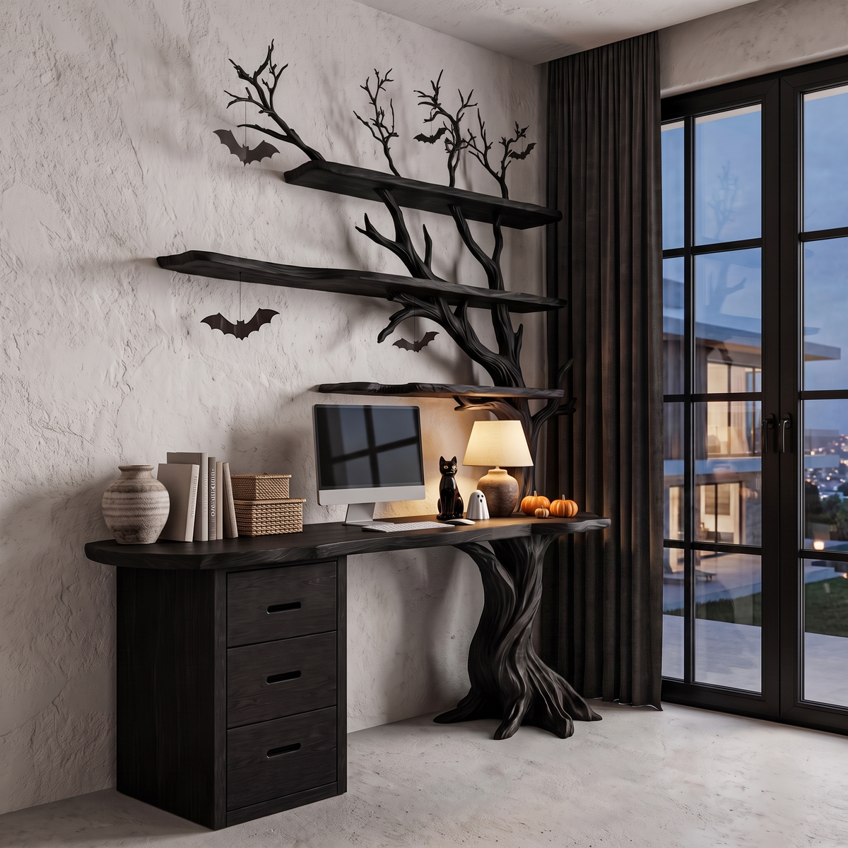Contemporary Halloween Writing Desk With Haunted Tree Silhouette For Bedroom