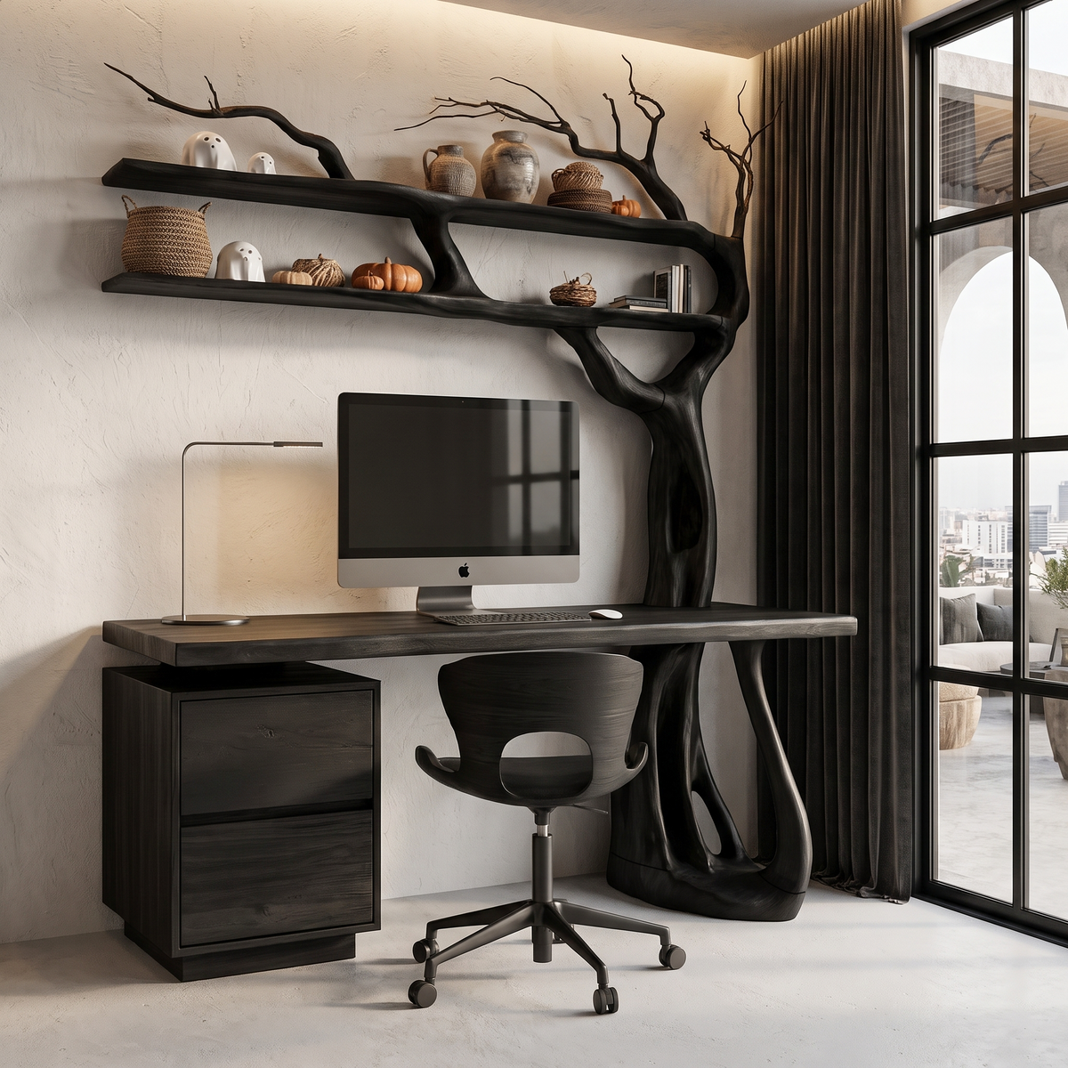 Natural Halloween Tree Desk With Spooky Branch Bookshelf For Bedroom