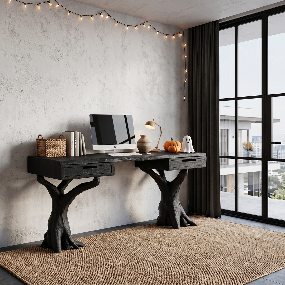 Contemporary Halloween Storage Desk With Pumpkin Display Shelves For Home Office