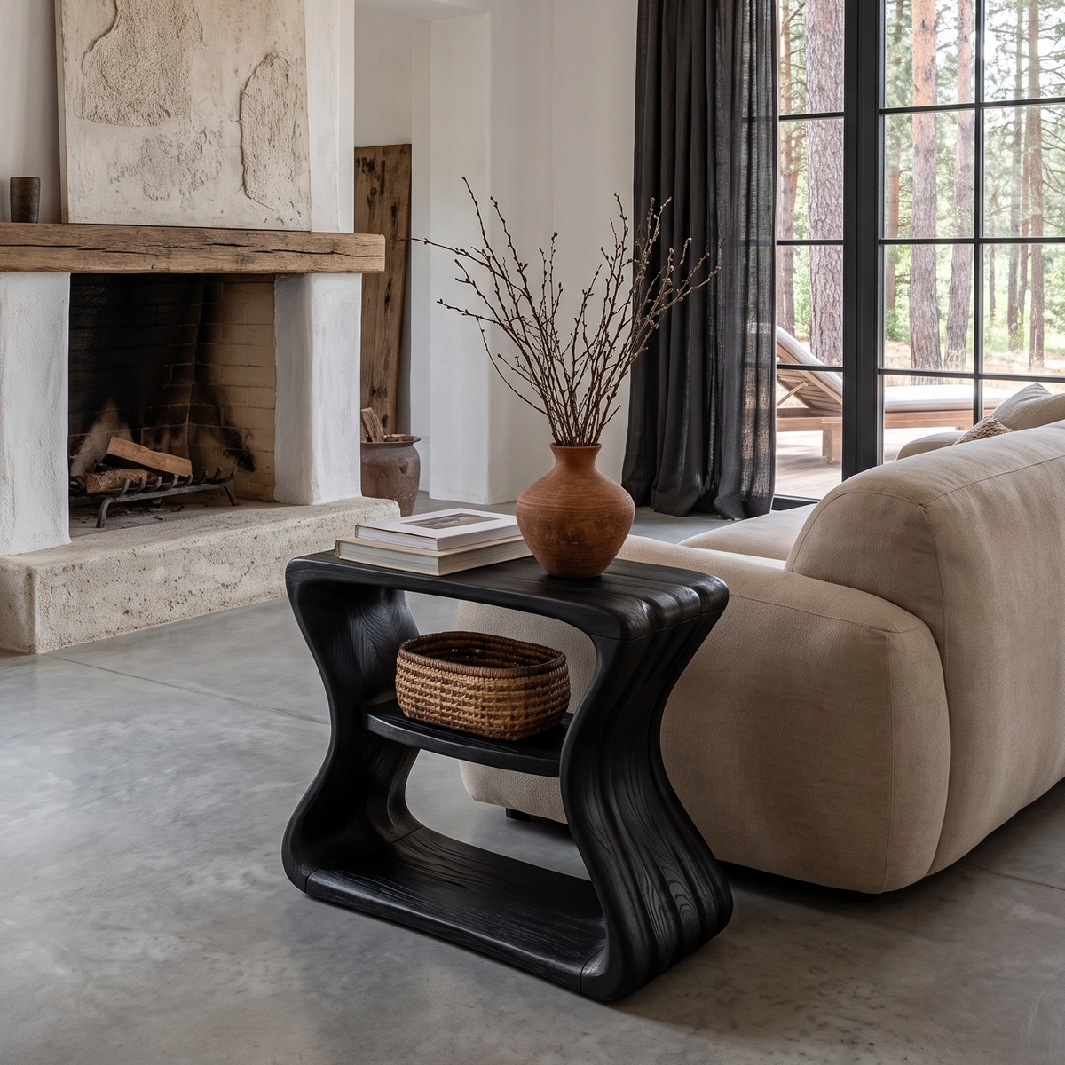 Contemporary Beside Table With Flowing Curved Frame For Living Room