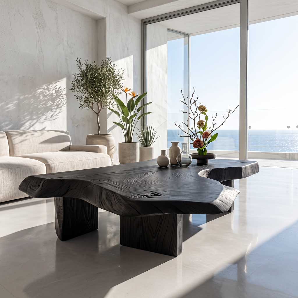 Modern Solid Wood Coffee Table With Sculptural Slab Top For Living Room