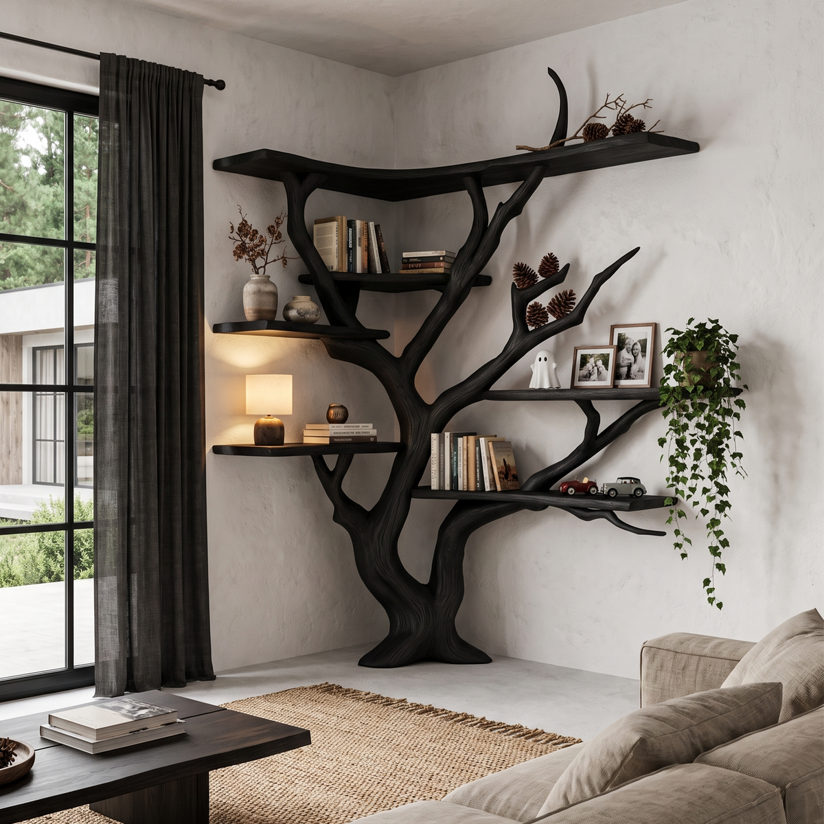Modern Corner Tree Bookshelf With Asymmetrical Shelves For Living Room