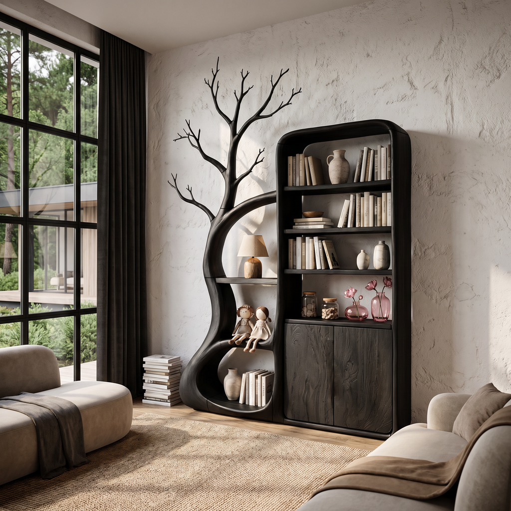 Rustic Tree Cabinet With Branch Inspired Shelving For Reading Room