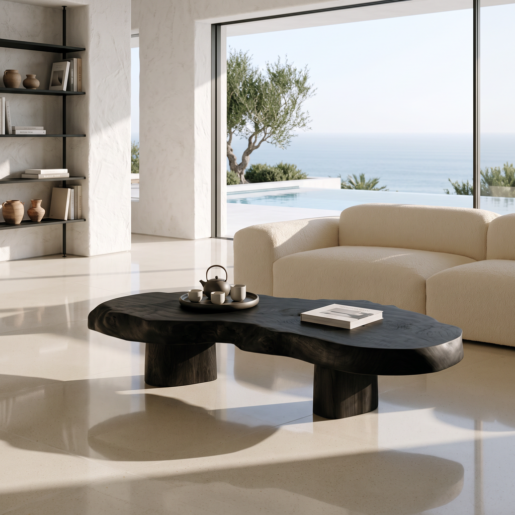 Modern Solid Wood Coffee Table With Sculptural Slab Top For Living Room
