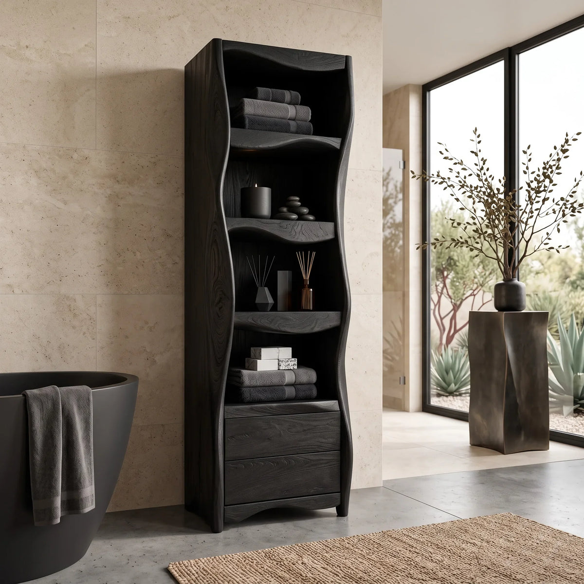 Organic Wavy Bathroom Cabinet With Open Shelves For Bathroom