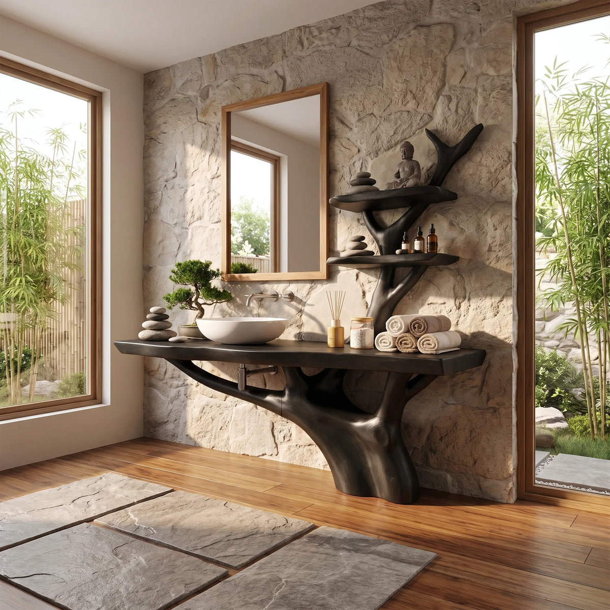 Organic Bathroom Vanity With Sink Wooden Bathroom Vanity Modern Bathroom Vanity Integrated Side Shelves For Primary Bath