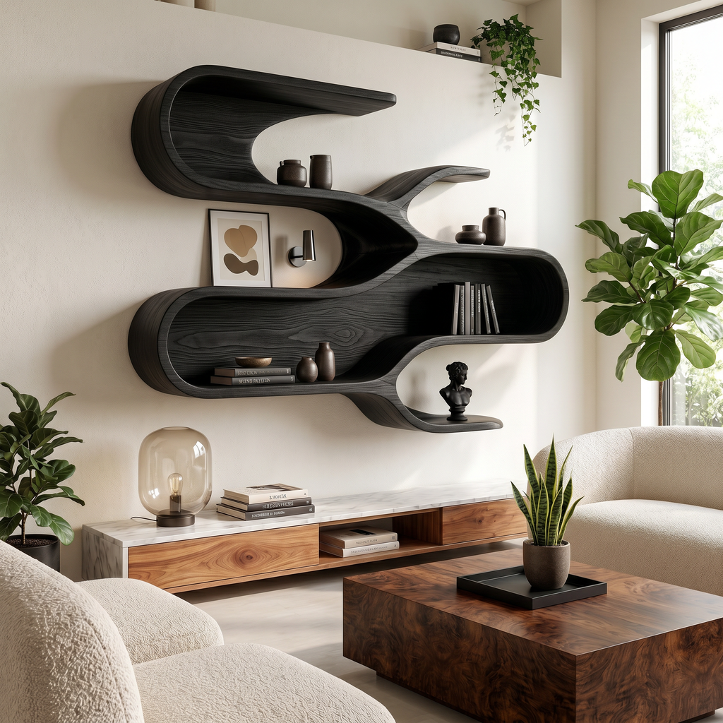 Modern Sculptural Floating Shelves For Living Room