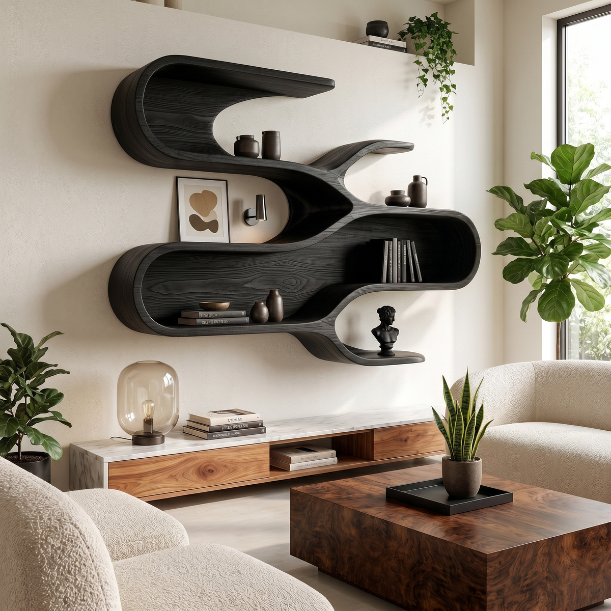 Modern Sculptural Floating Shelves For Living Room