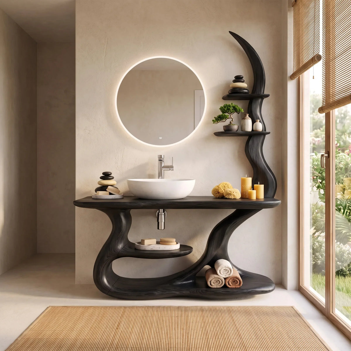 Serene Bathroom Vanity Bathroom Vanity With Sink Modern Bathroom Vanity Curved Open Shelves For Spa Bathroom