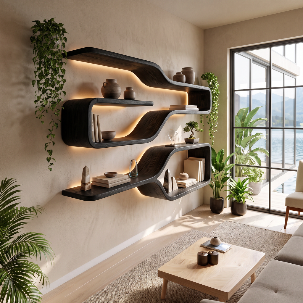 Mid Century Live Edge Wood Shelves For Dining Room
