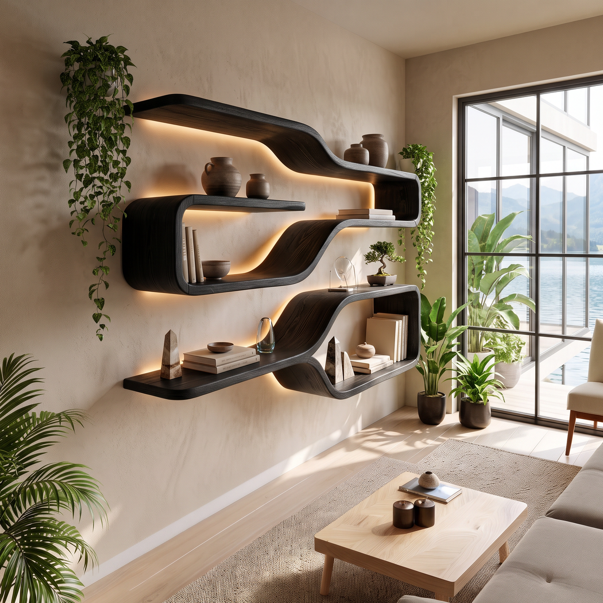 Mid Century Live Edge Wood Shelves For Dining Room