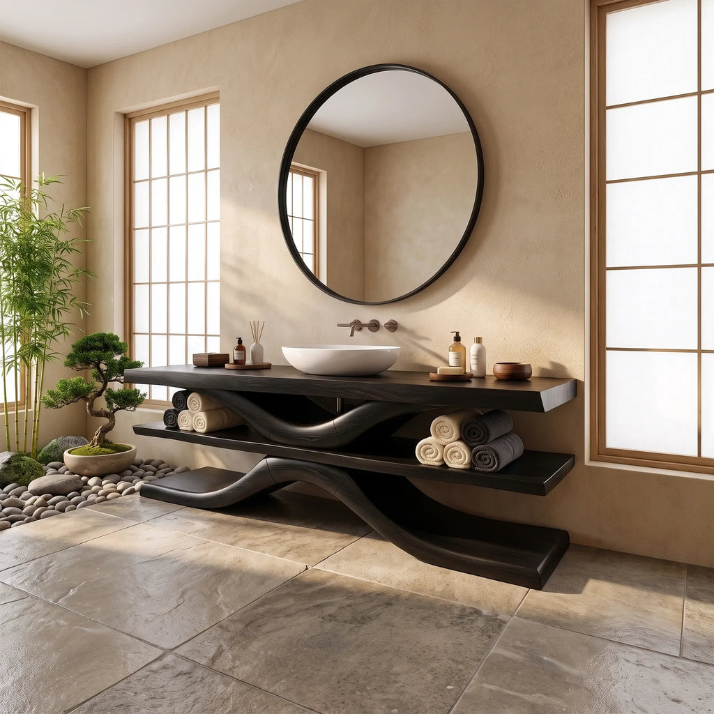 Sculptural Bathroom Vanity With Sink Modern Bathroom Vanity Wooden Bathroom Vanity Layered Open Shelves For Spa Bathroom