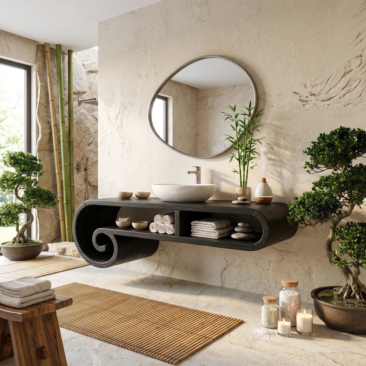 Serene Floating Bathroom Vanity Floating Bathroom Vanity With Sink Modern Bathroom Vanity Curved Open Storage For Spa Ba