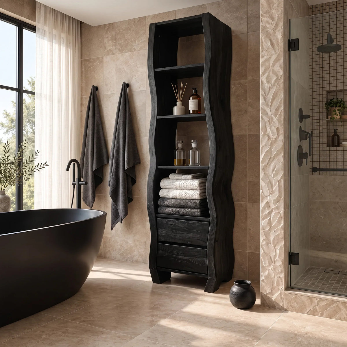 Sculptural Bathroom Cabinet With Open Shelves And Drawers For Bathroom