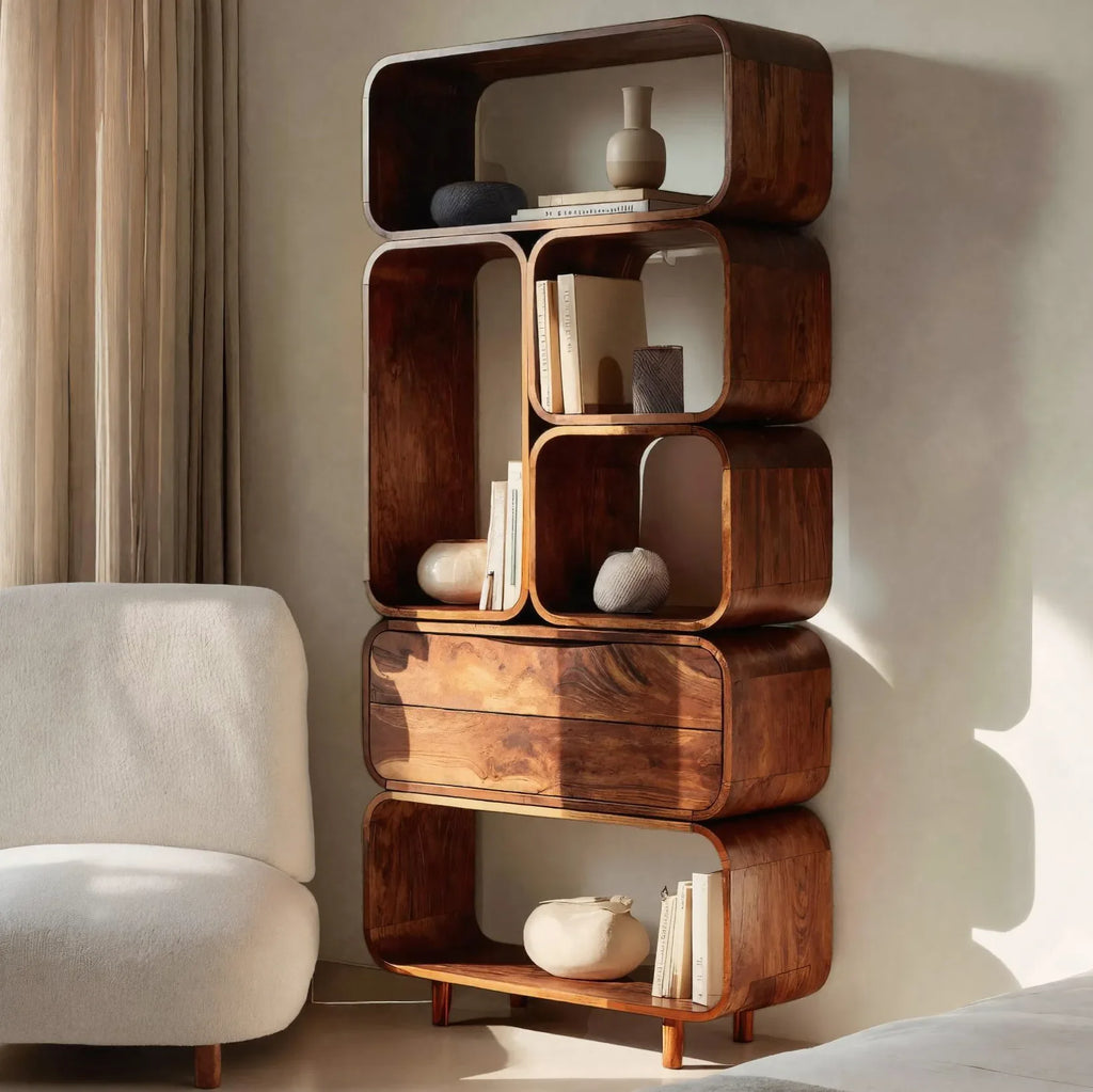 Mid Century Bookshelf With Rounded Compartments For Living Room