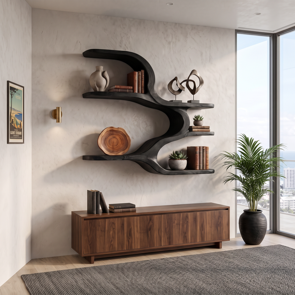 Organic Sculptural Wooden Wall Shelves For Dining Room