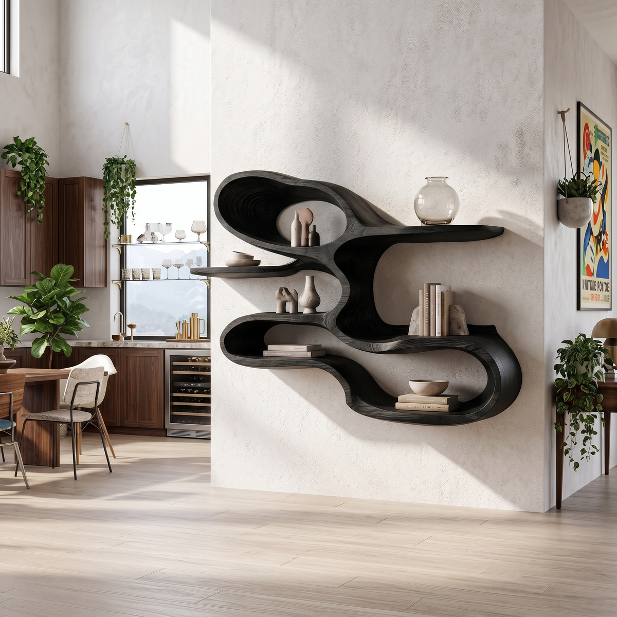 Modern Sculptural Wooden Wall Shelves For Coffee Bar