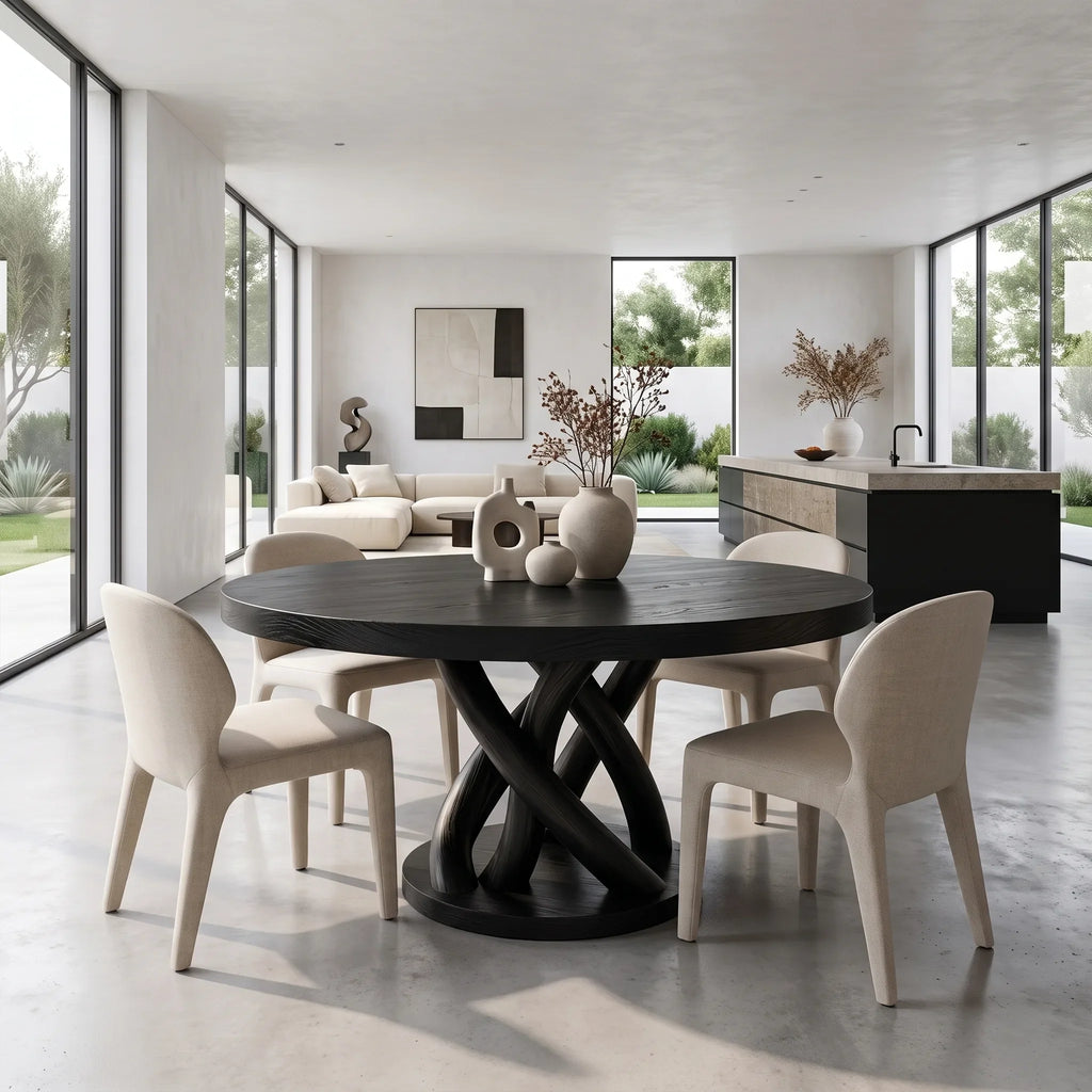 Sculptural Round Dining Table Modern Dining Room Table Woven Base For Dining Room