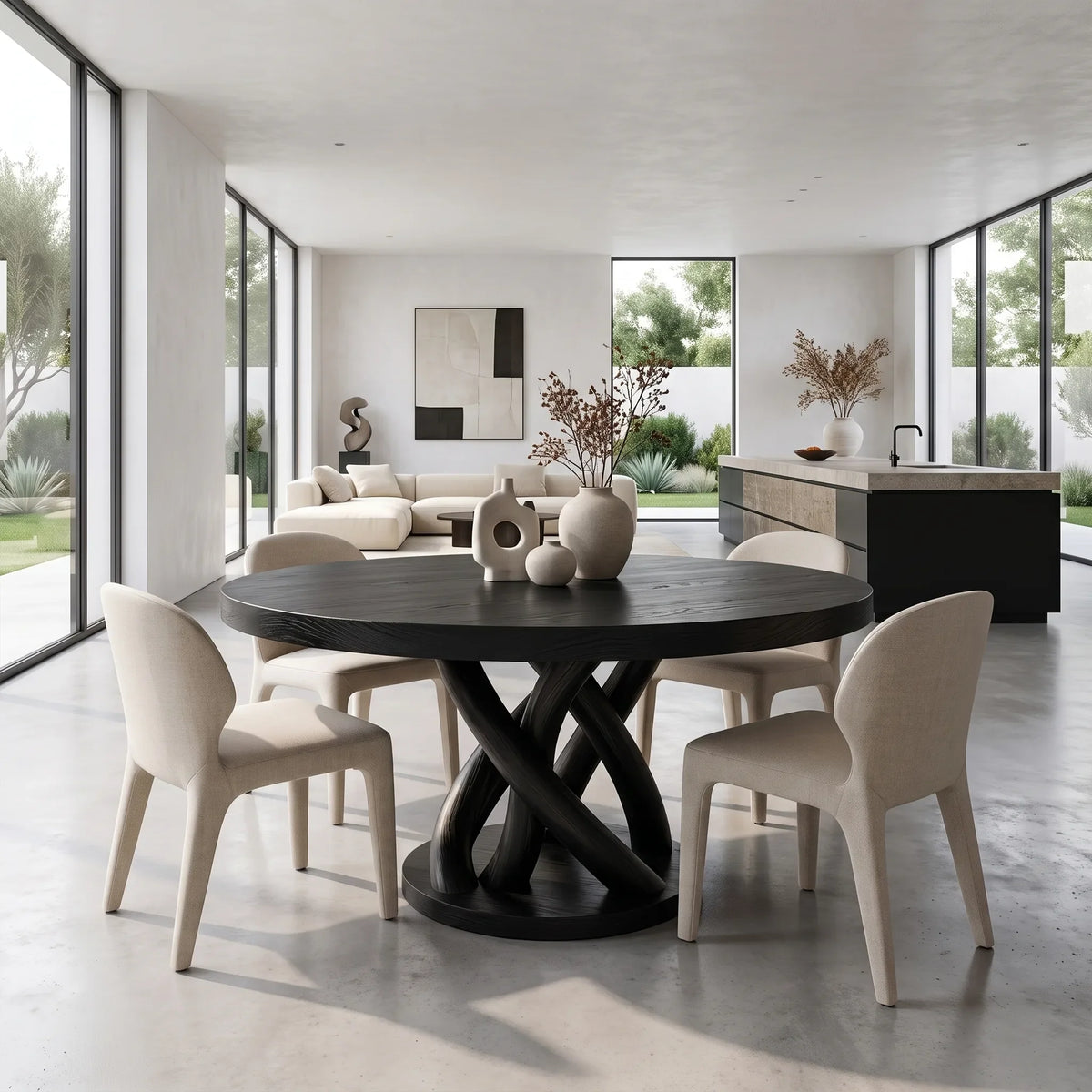 Sculptural Round Dining Table Modern Dining Room Table Woven Base For Dining Room