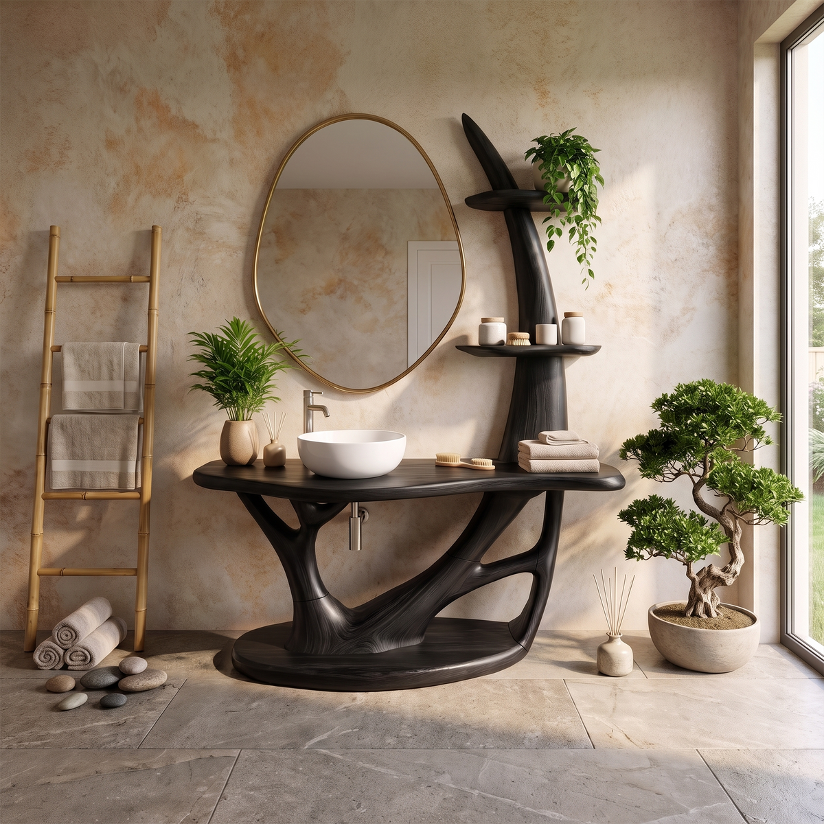 Sculptural Freestanding Bathroom Vanity Bathroom Vanity With Sink Modern Bathroom Vanity Integrated Side Shelves For Spa