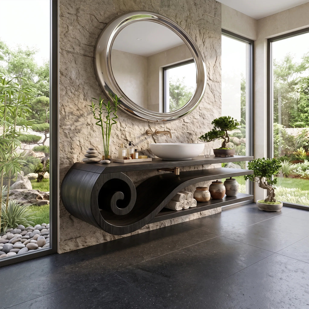 Calm Floating Bathroom Vanity Floating Bathroom Vanity With Sink Modern Bathroom Vanity Curved Open Shelves For Primary 