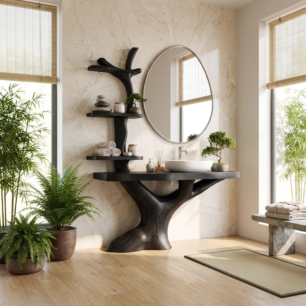 Natural Bathroom Vanity With Sink Wooden Bathroom Vanity Modern Bathroom Vanity Integrated Vertical Shelves For Primary 