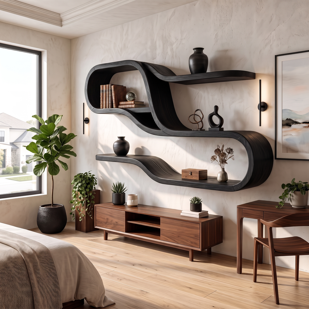 Mid Century Modern Wooden Display Shelves For Bedroom
