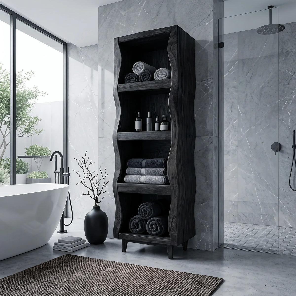 Sculptural Wavy Bathroom Cabinet With Open Shelves For Bathroom
