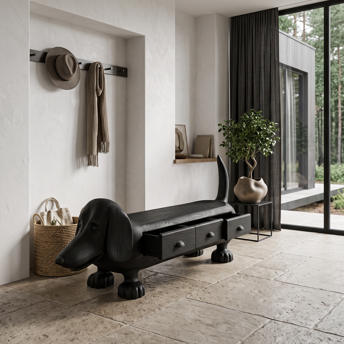 Rustic Dachshund Storage Bench For Entryway And Mudroom