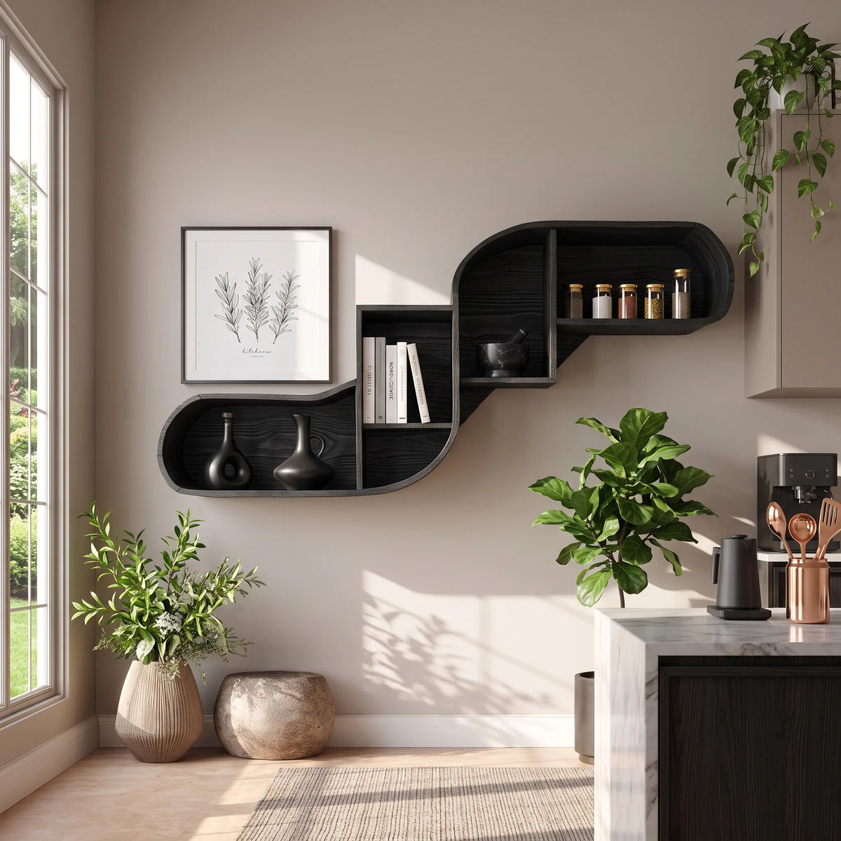 Mid Century Curved Wood Shelves For Home Bar