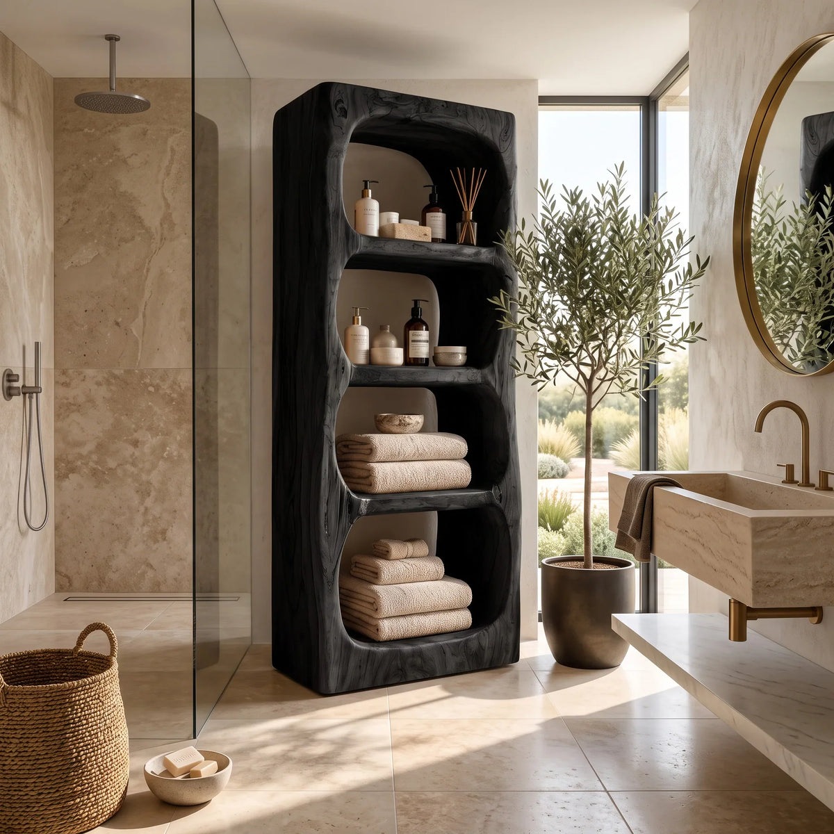 Organic Bathroom Cabinet With Rounded Open Storage Shelves For Bathroom