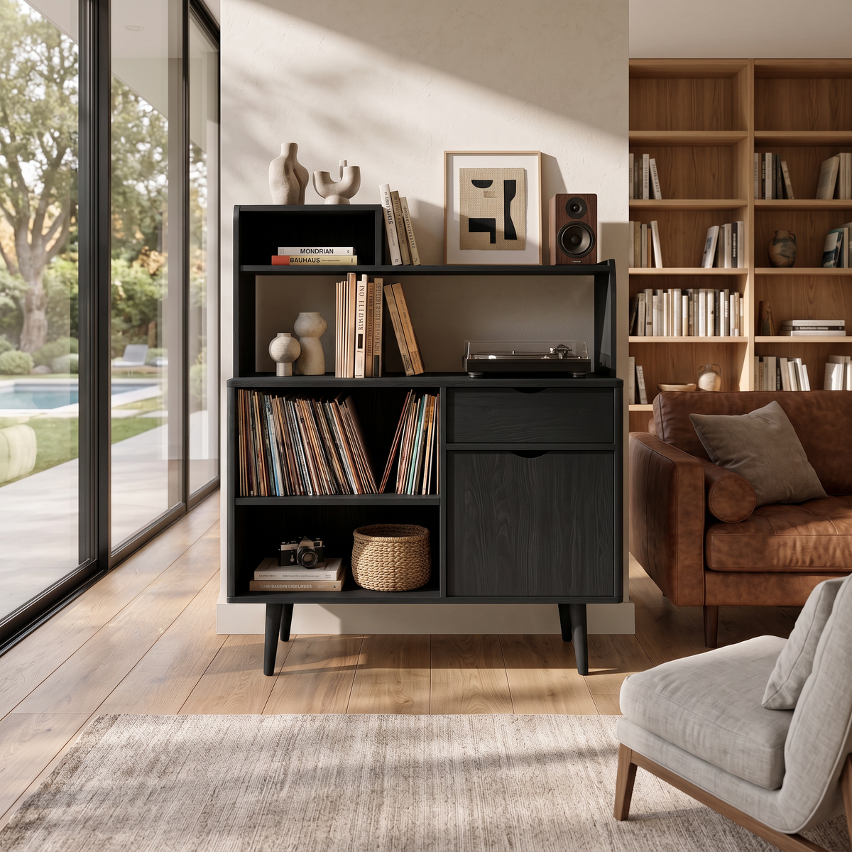 Modern Vinyl Record Cabinet With Drawers For Living