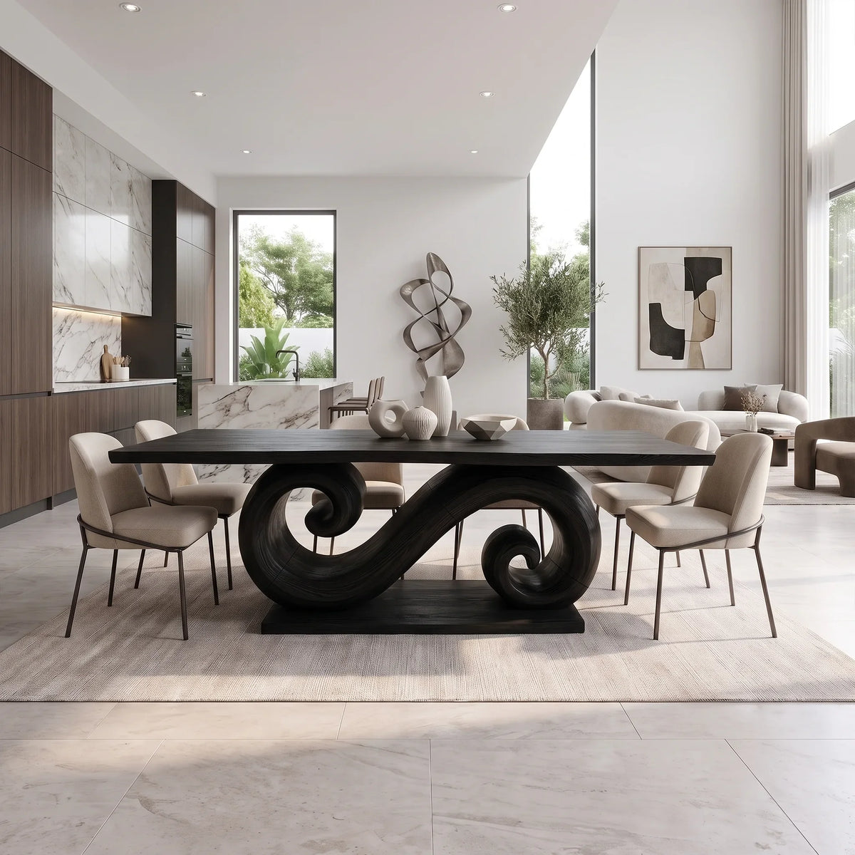 Graceful Dining Table Rectangle Modern Dining Table Double Scroll Base For Dining Room