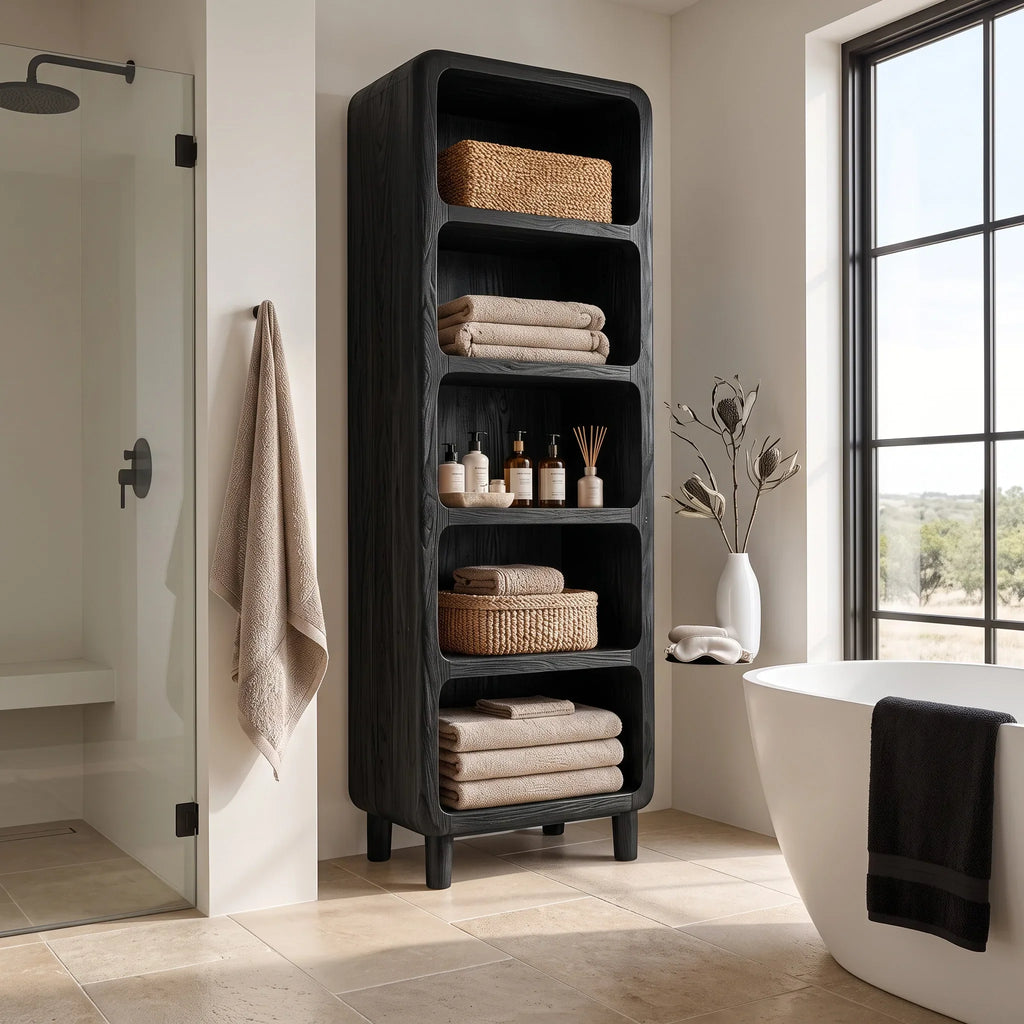 Modern Tall Bathroom Cabinet With Open Towel Shelves For Bathroom
