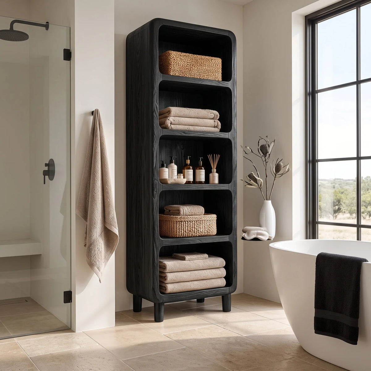 Modern Tall Bathroom Cabinet With Open Towel Shelves For Bathroom
