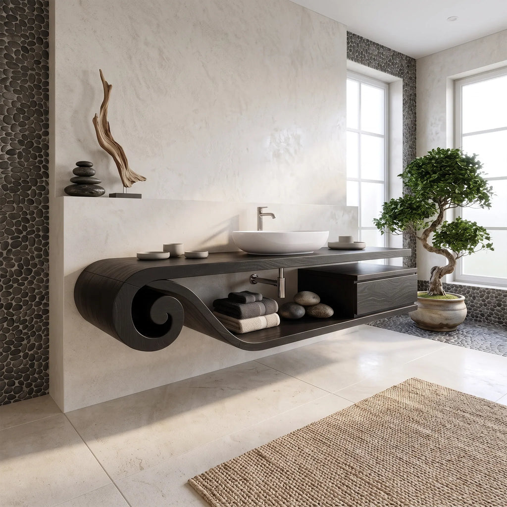 Flowing Floating Bathroom Vanity Floating Bathroom Vanity With Sink Modern Bathroom Vanity Curved Open Storage For Luxur