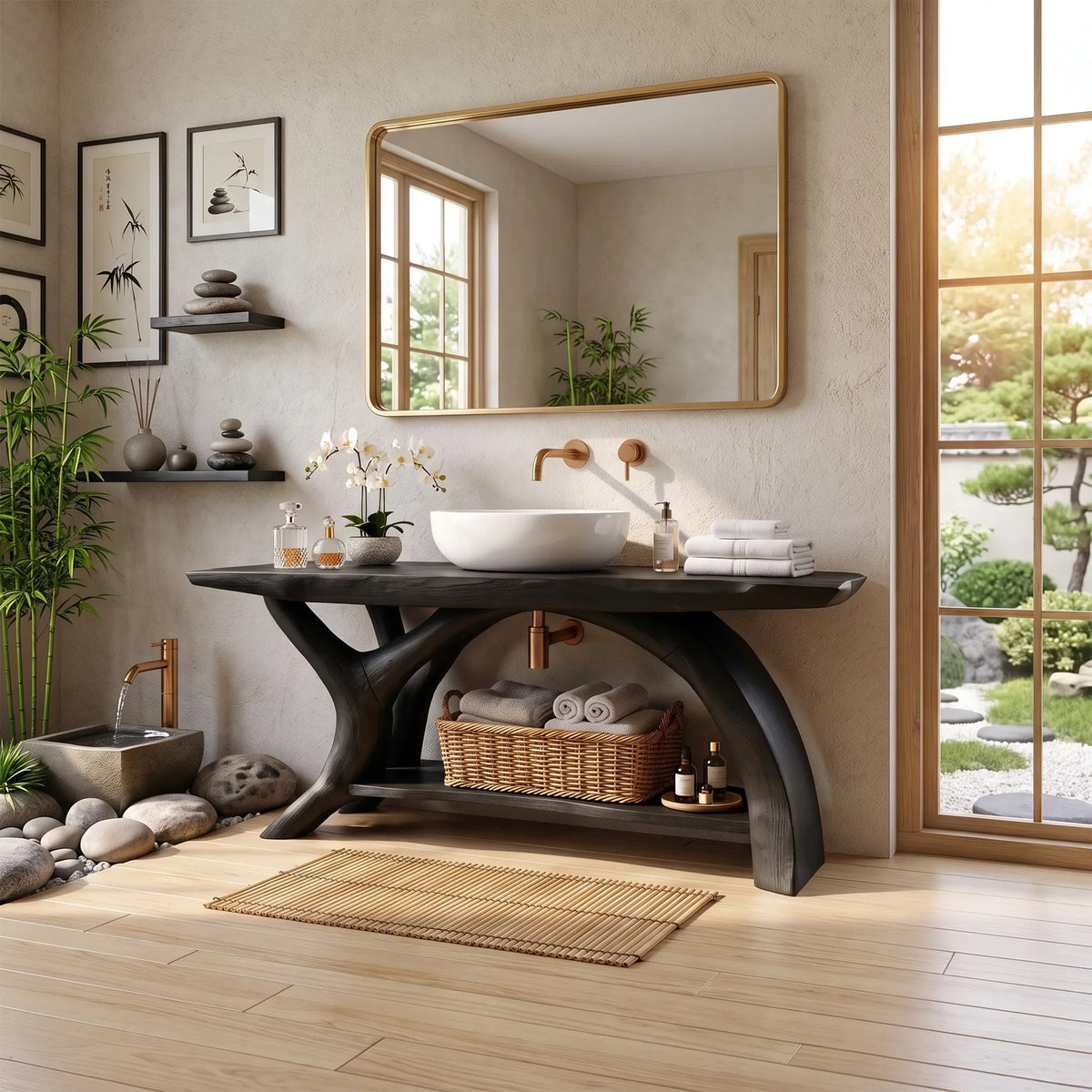 Elegant Solid Wood Bathroom Vanity Single Bathroom Vanity With Sink Open Shelf Design For Luxury Bathroom