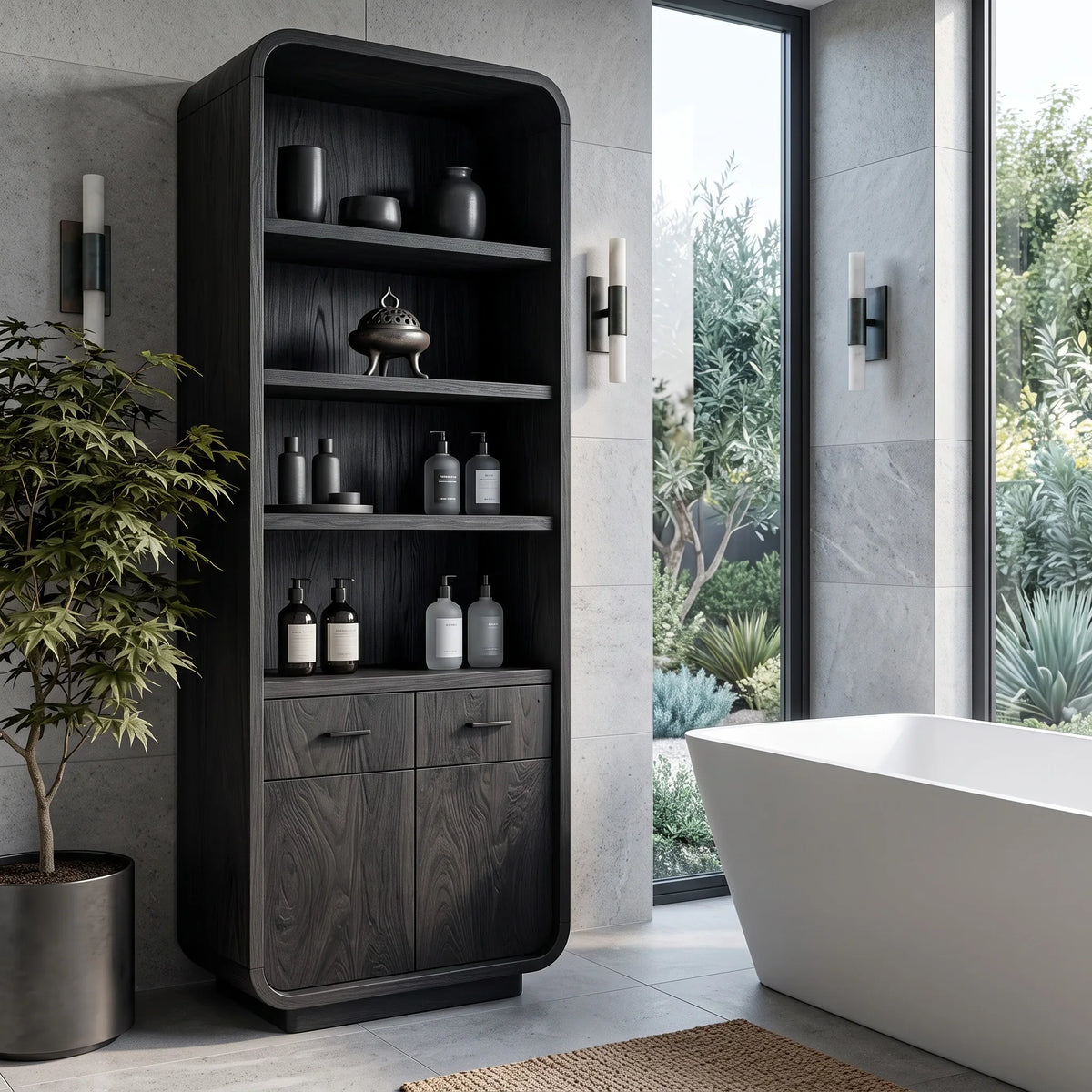 Contemporary Tall Bathroom Cabinet With Open Shelves For Bathroom