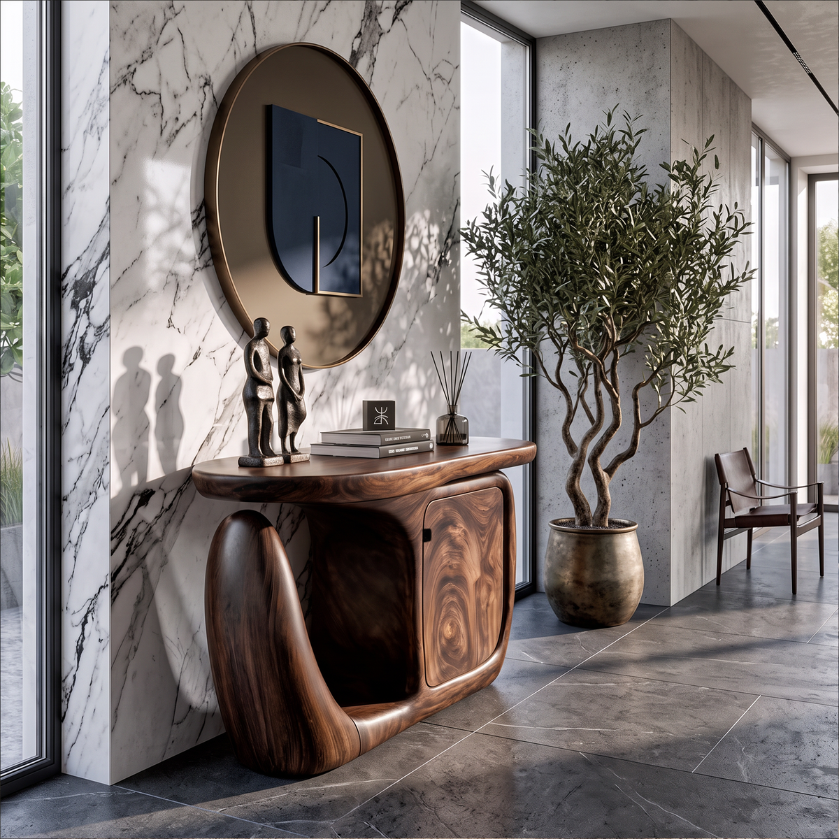 Contemporary Console Table With Sculptural Base And Storage For Entryway