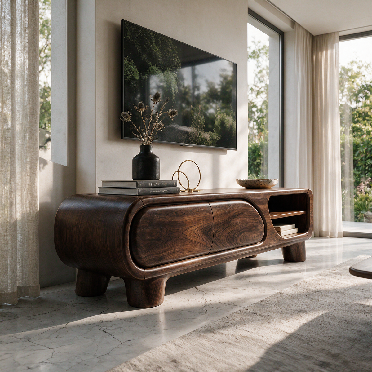 Mid Century TV Cabinet With Rounded Frame And Open Storage For Living Room
