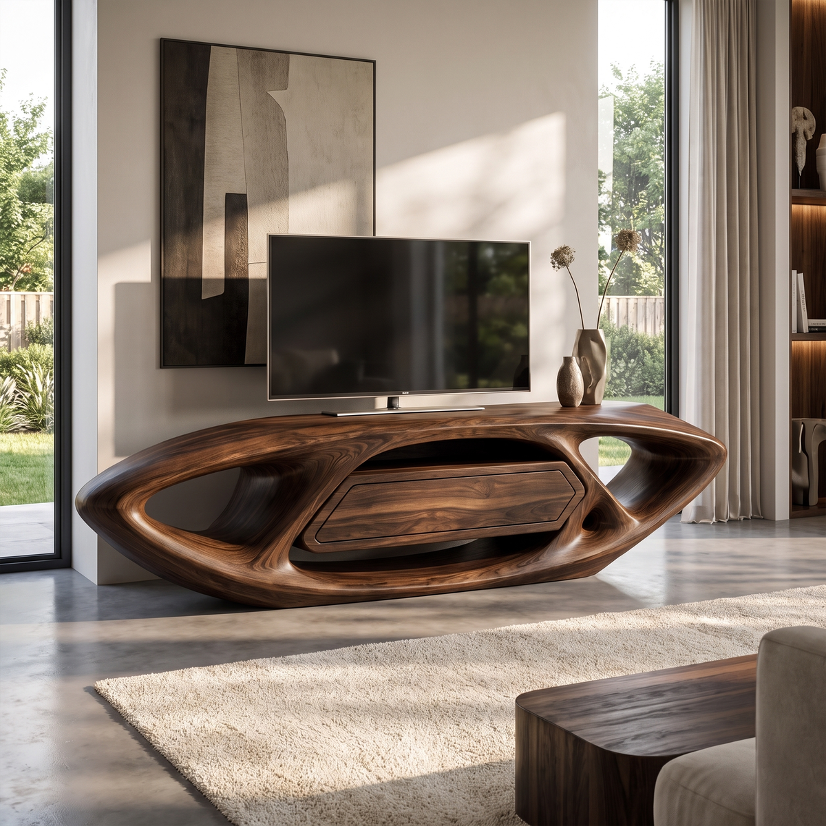 Contemporary TV Cabinet With Sculptural Oval Frame And Open Storage For Living Room