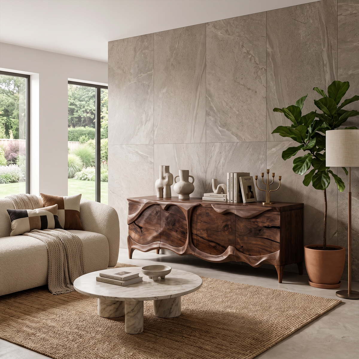Rustic Sideboard With Sculptural Front Design For Living Room