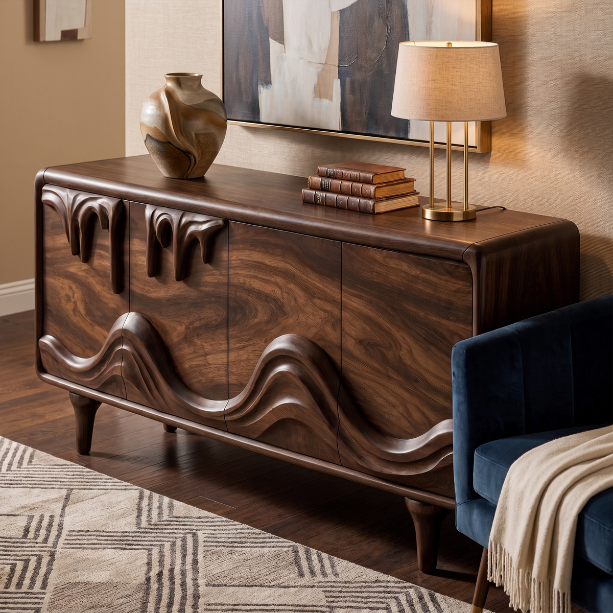 Mid Century Sideboard With Intricately Carved Front Design For Living Room