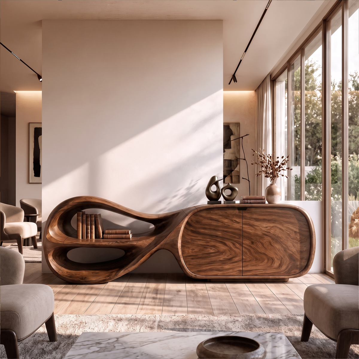 Modern Sideboard With Sculptural Curved Frame For Living Room