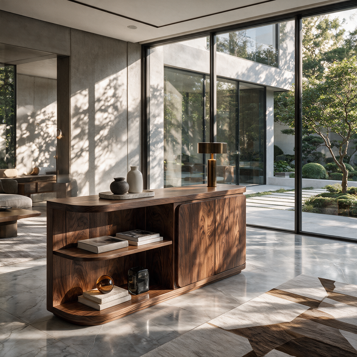 Modern Sideboard With Rounded Frame And Open Storage For Living Room