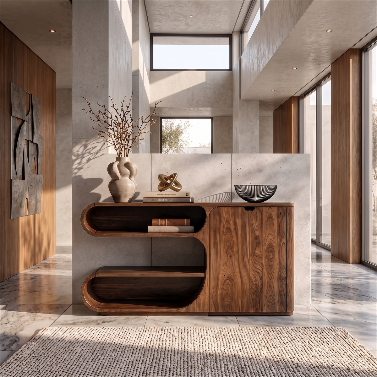 Modern Sideboard With Rounded Display Compartments For Living Room