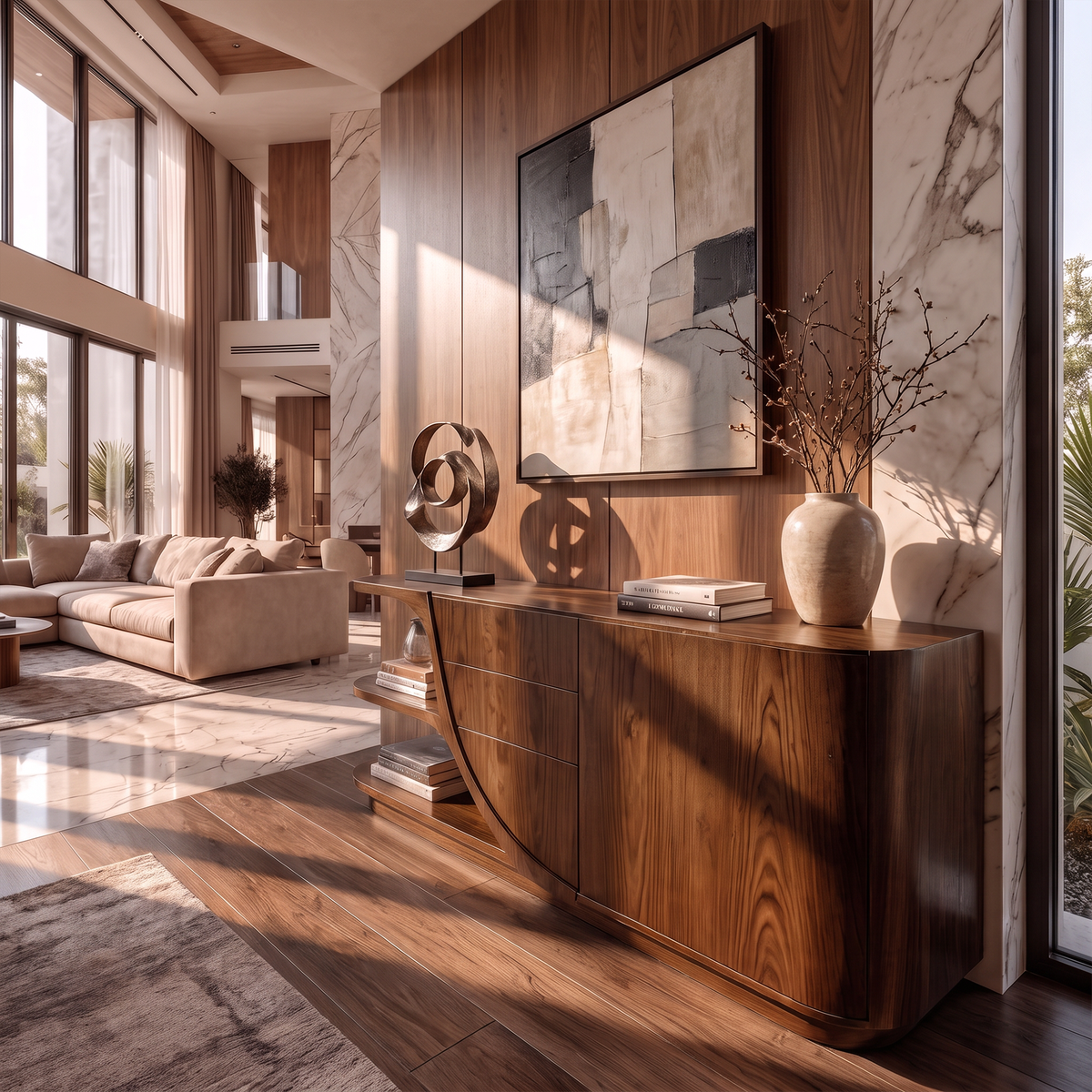 Modern Sideboard With Rounded Frame And Panel Doors For Living Room