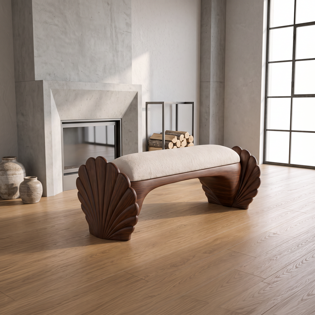 Natural Accent Bench With Seashell Carved Design For Bedroom
