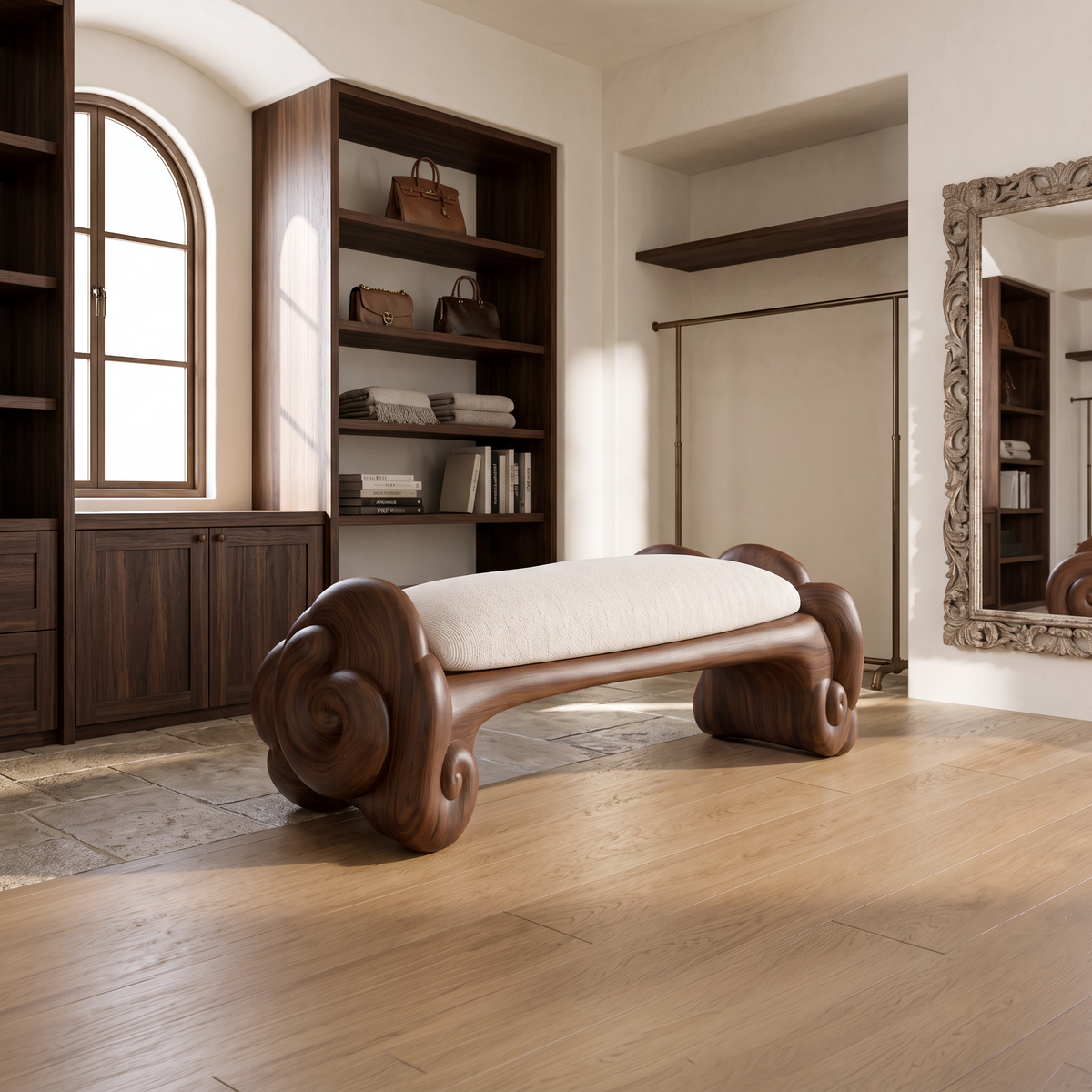 Minimalist Accent Bench With Rounded Cloud Shaped Legs For Bathroom