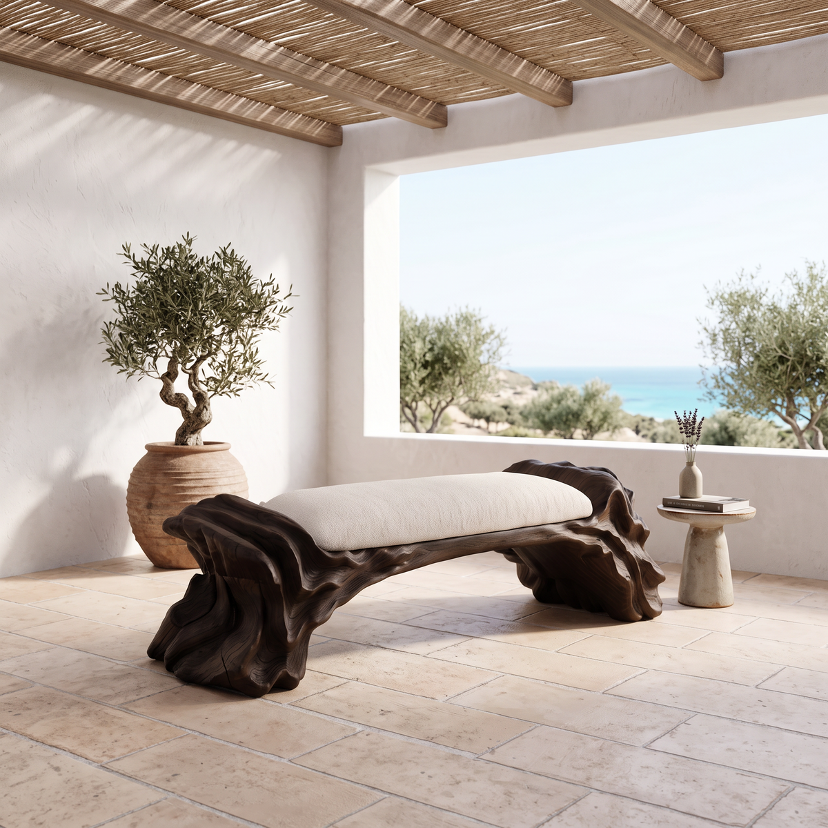 Contemporary Halloween Wood Bench With Oyster Inspired Base For Reading Nook
